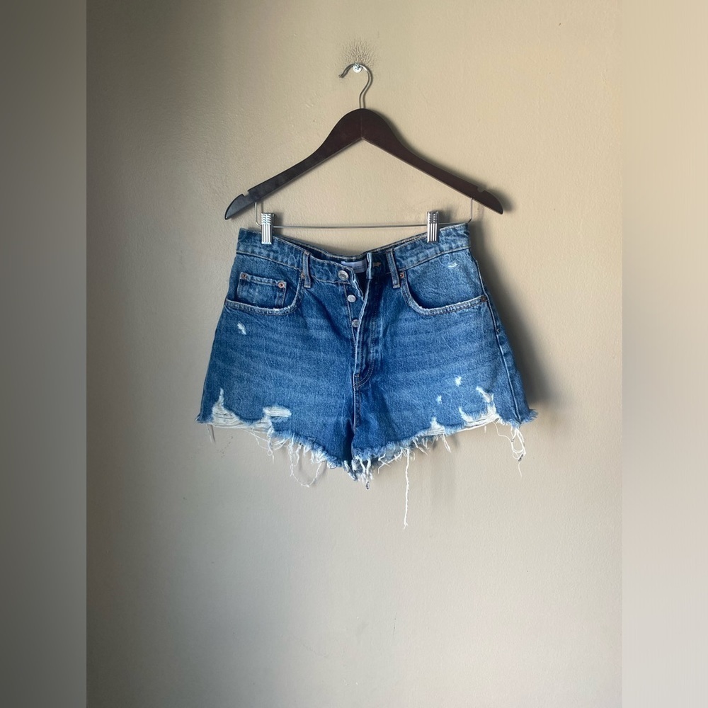 Zara High Rise Distressed Dark Wash Cutoff Shorts
